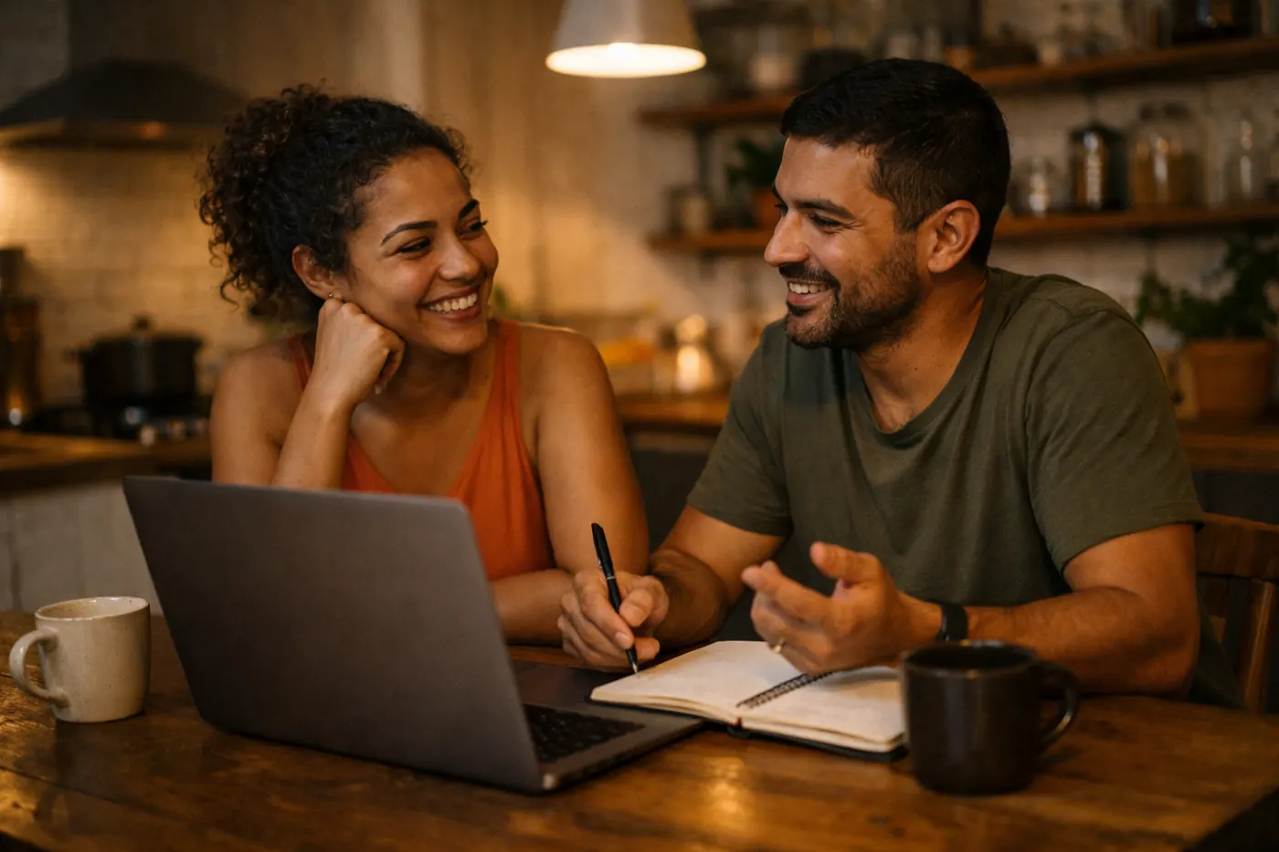 Casal na mesa da cozinha com notebook e caderno, fazendo planos com calma
