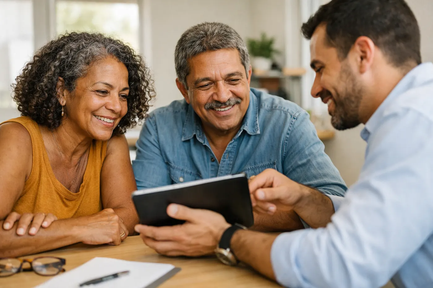 Casal conversando com um consultor que mostra informações em um tablet