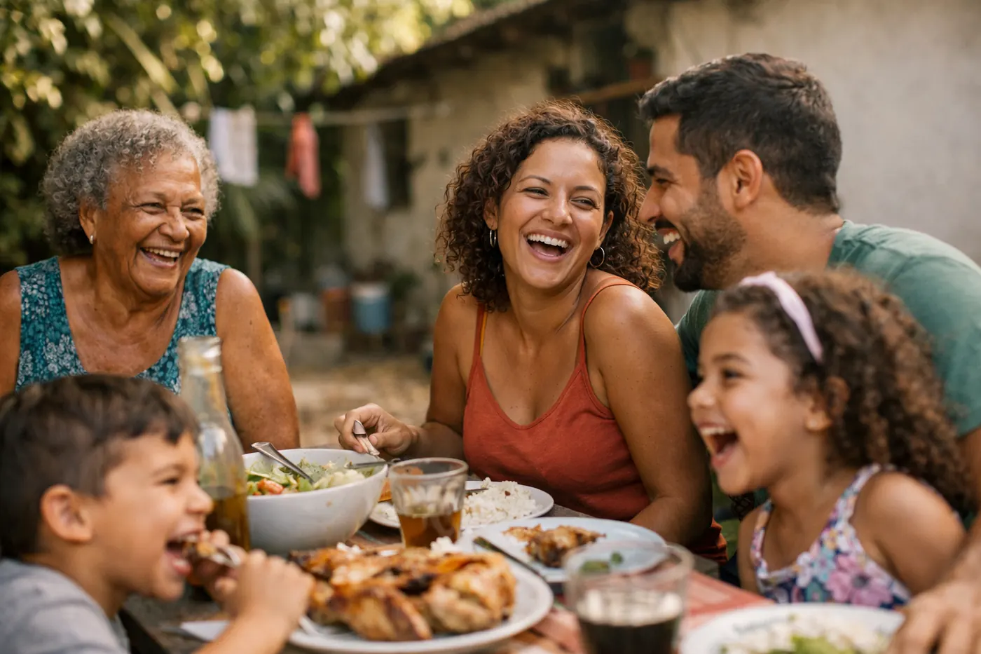 Família reunida no quintal de casa em um almoço de domingo