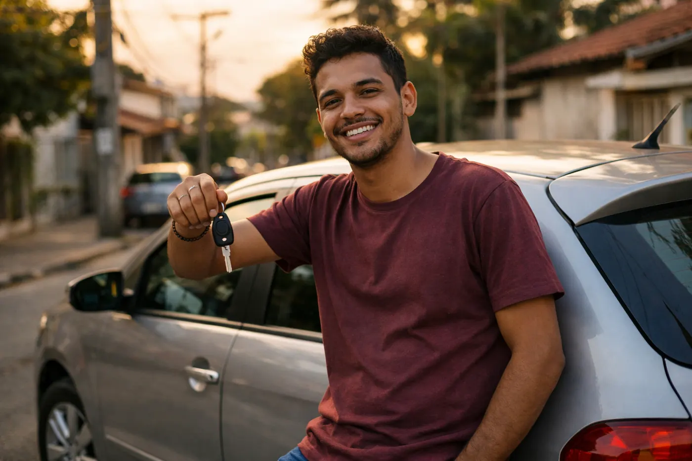 Jovem encostado em um carro prata na rua do bairro, segurando a chave e sorrindo